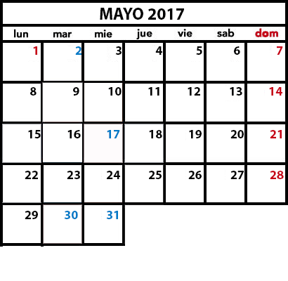 Calendario Laboral Mayo2017 Club del Asesor